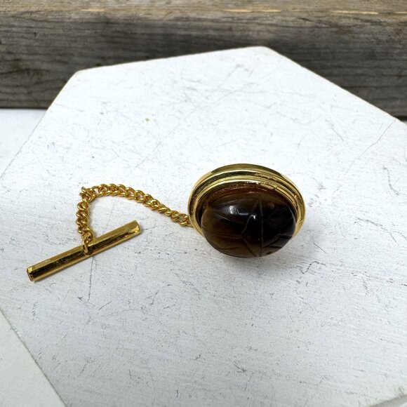 Vintage Goldtone Tigers Eye Scarab Tie Tack Pin - Picture 2 of 5